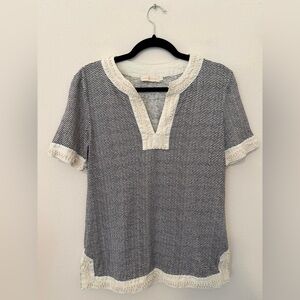 Tory Burch Black & White Chevron Linen Tunic Blouse Sz S Boho Summer Preppy